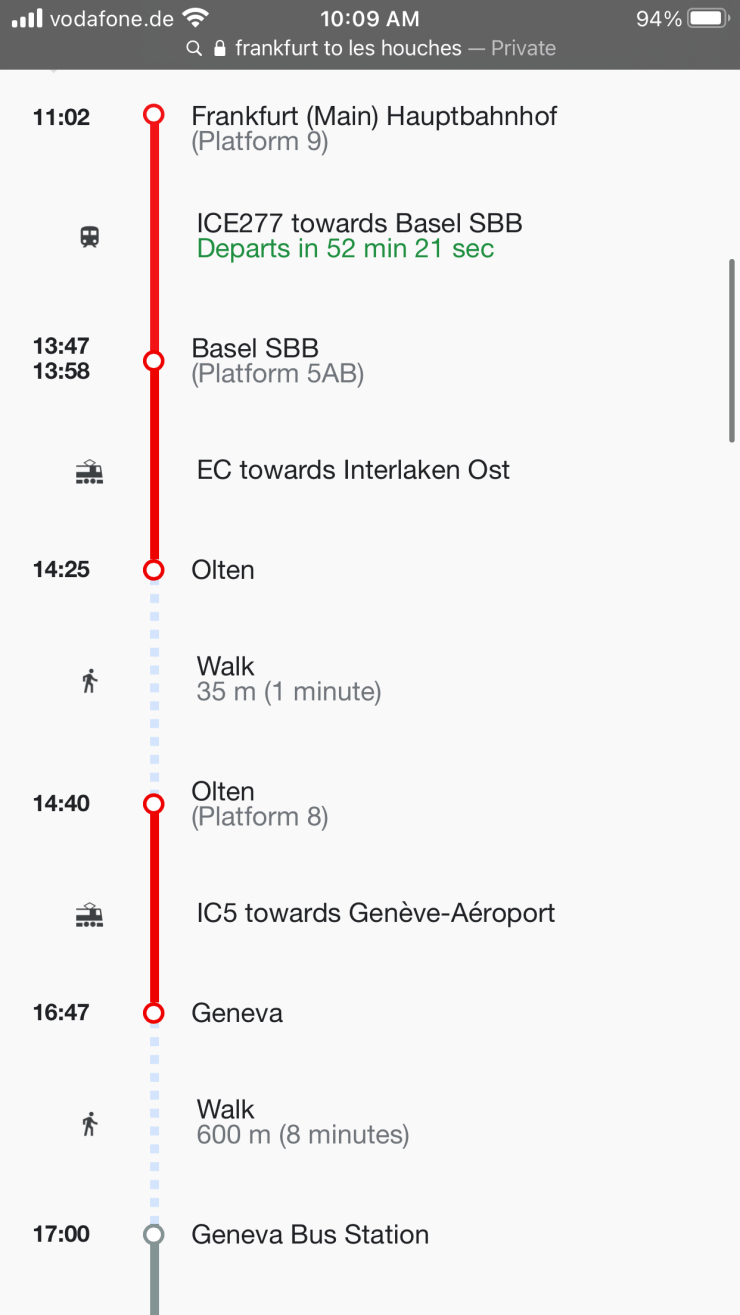 Phone screenshot of the train schedule from Frankfurt to Geneva